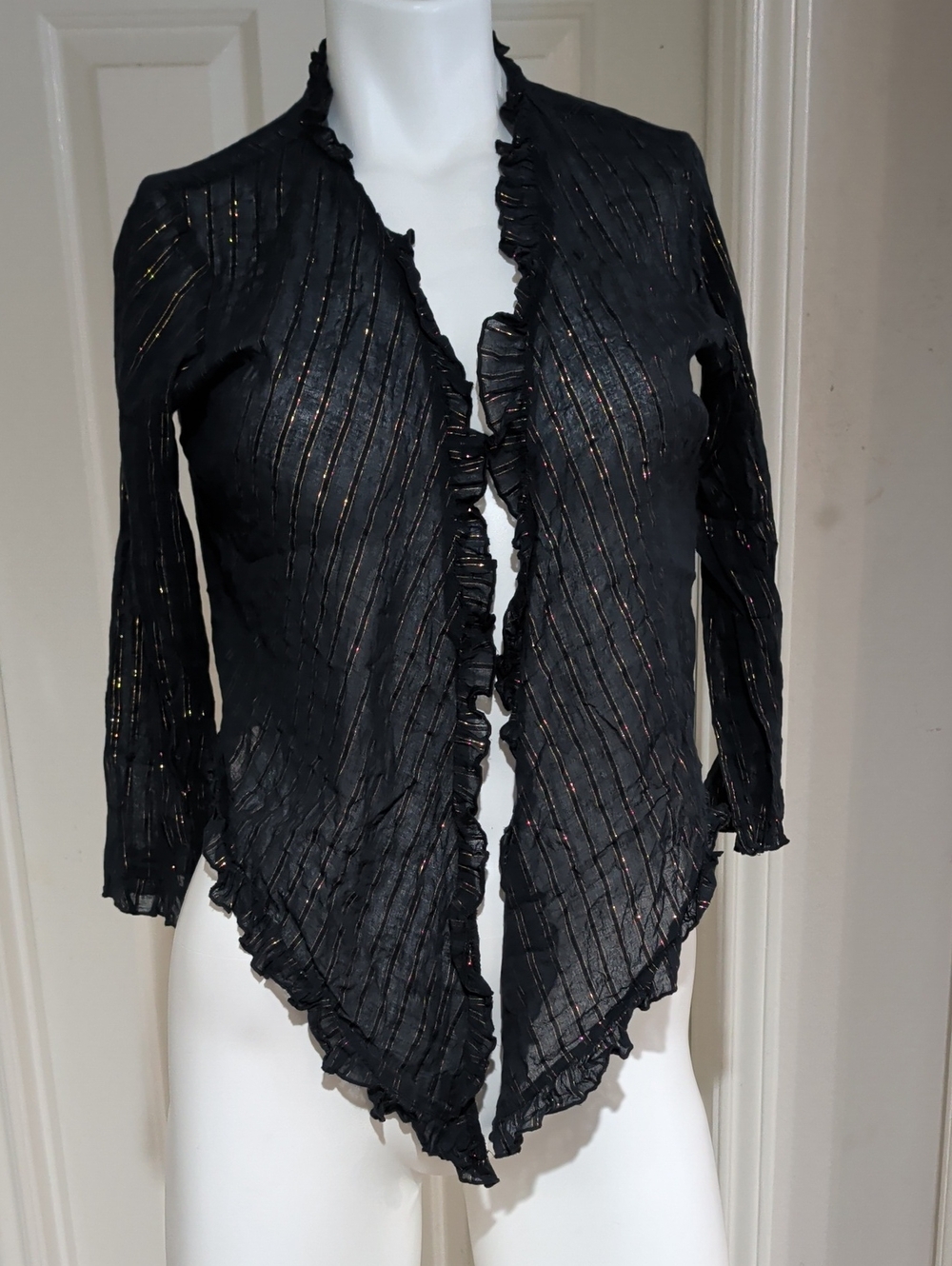 VTG Juicy Couture Black Cardigan w/ Gold Metallic Stripes Ruffle Trim Women's L